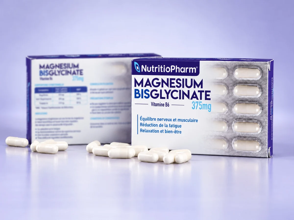Magnésium Bisglycinate NutritioPharm, présentation des boîtes et des gélules