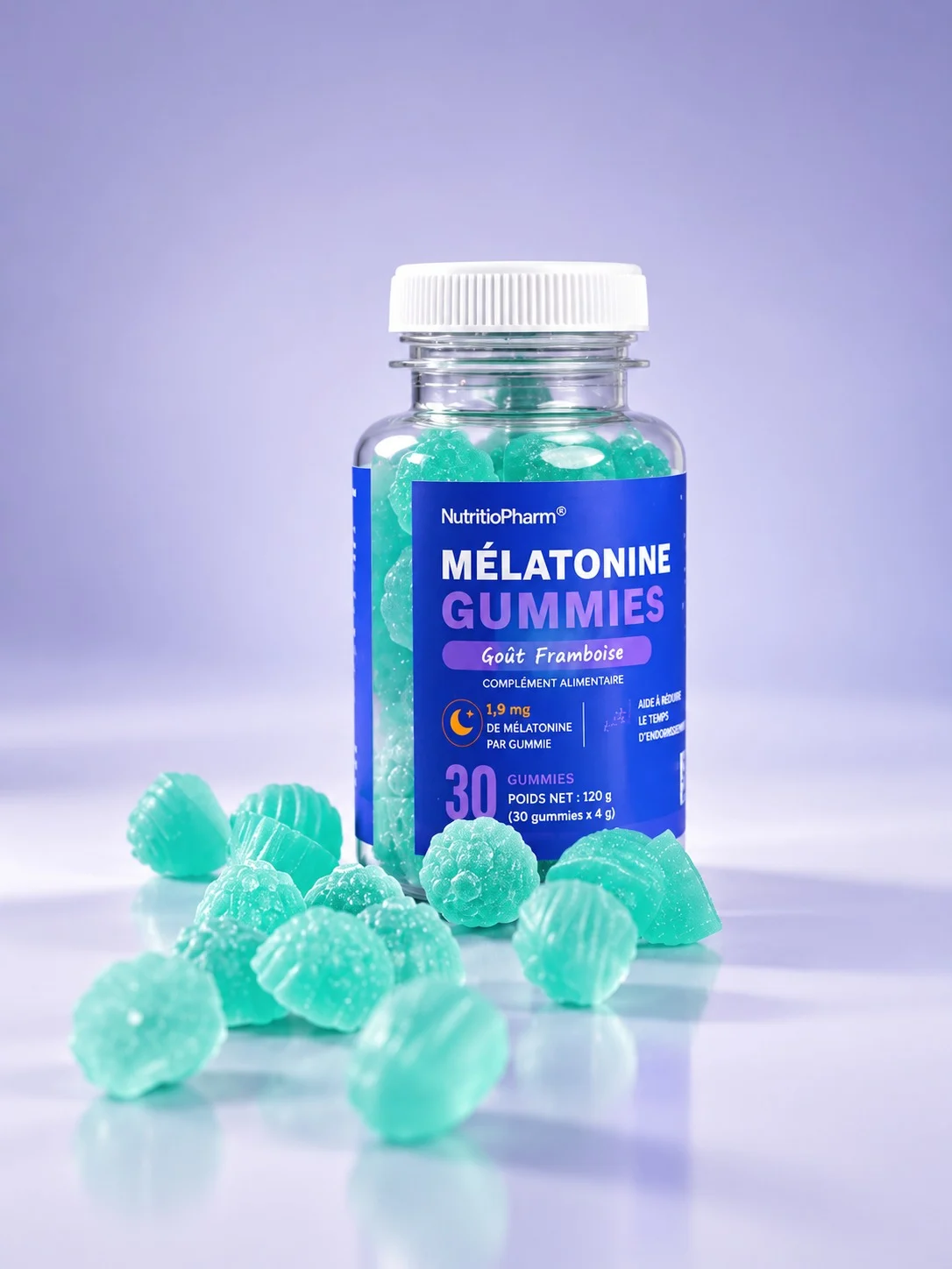 Mélatonine Gummies NutritioPharm, flacon accompagné de gummies en forme de framboise
