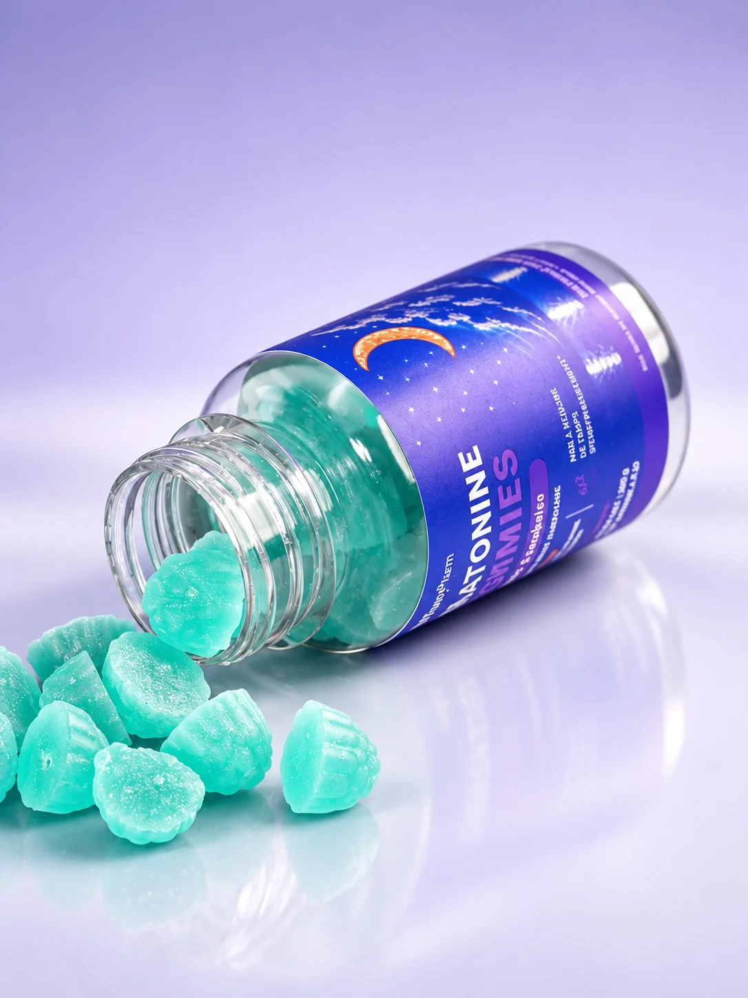 Mélatonine Gummies NutritioPharm, flacon ouvert et détail des gummies